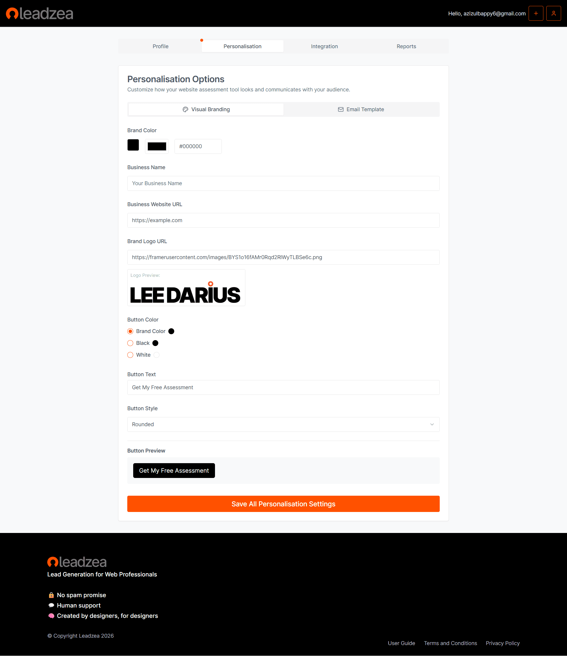 Leadzea personalisation page