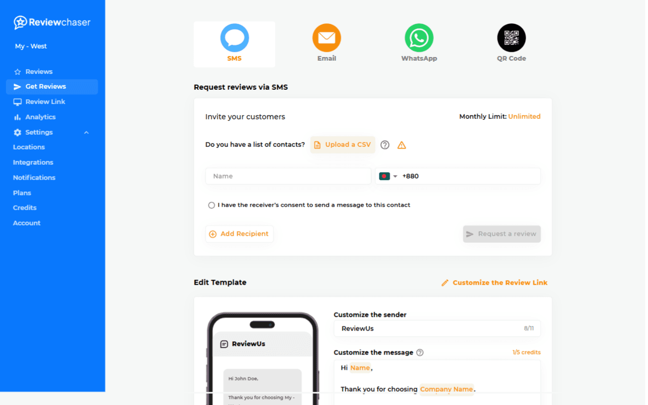 Review Chaser get reviews page