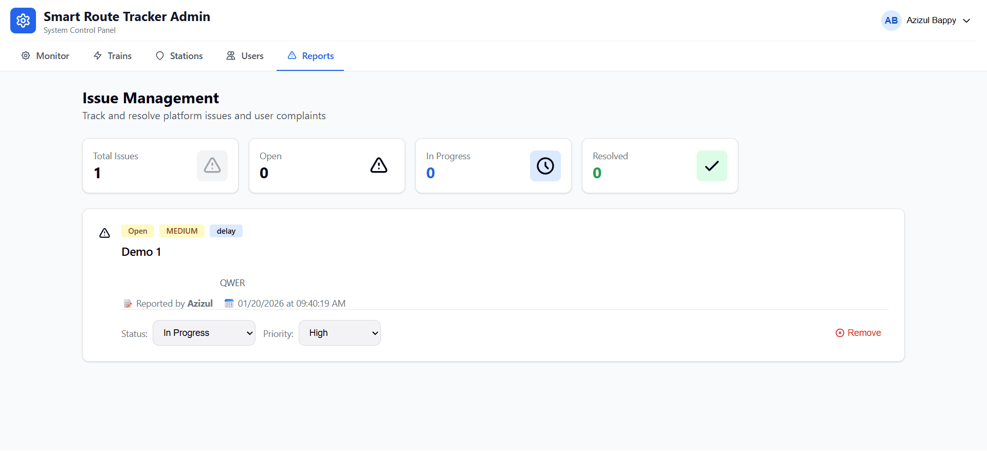 Smart Route Tracker admin reports page