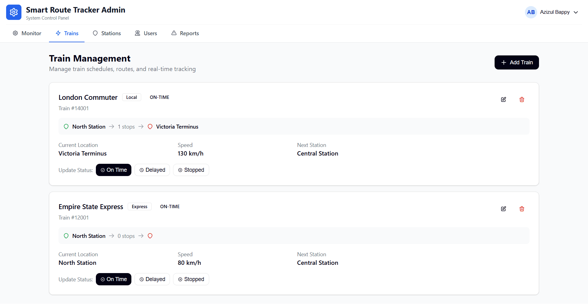 Smart Route Tracker admin trains page