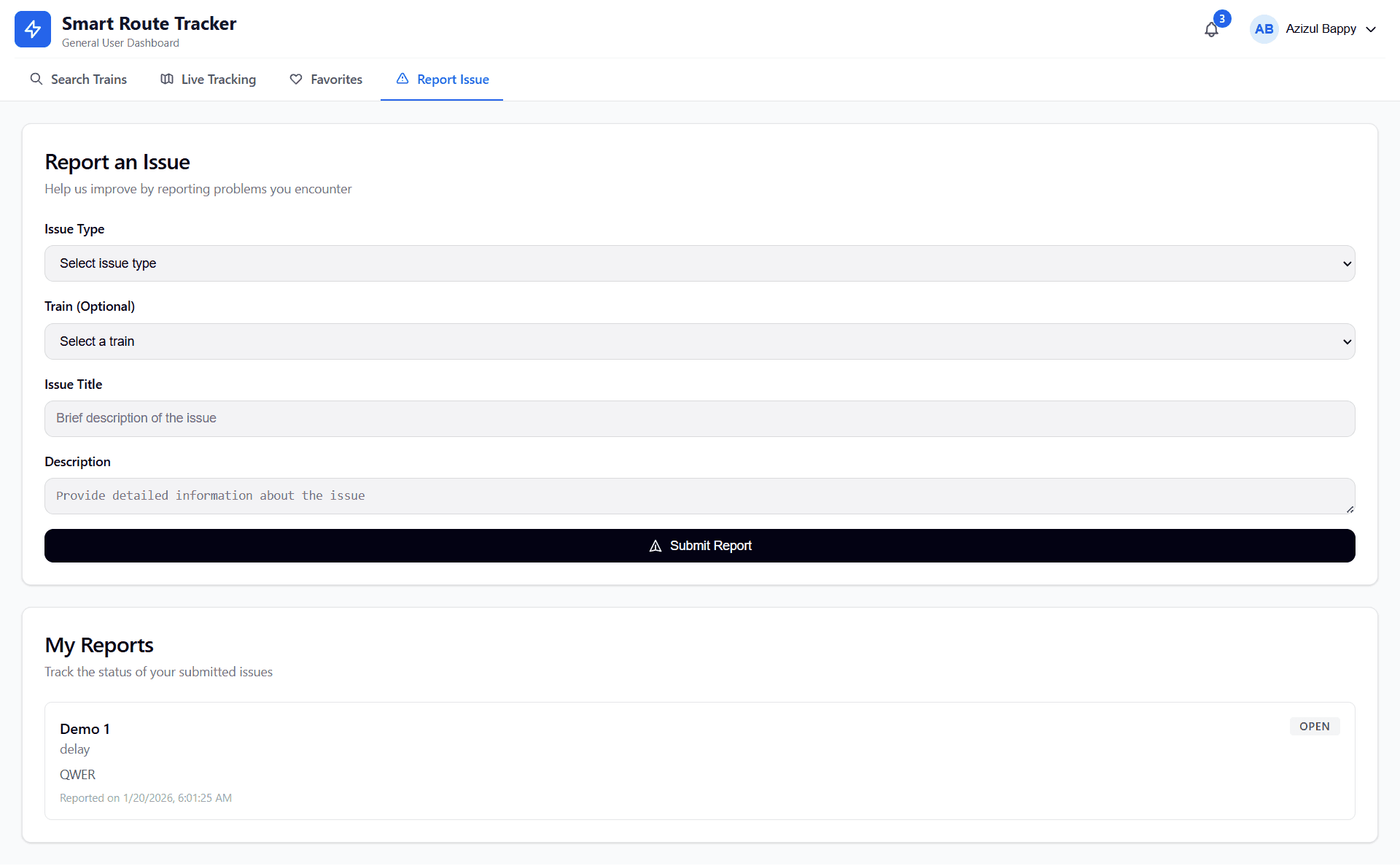 Smart Route Tracker report issues page