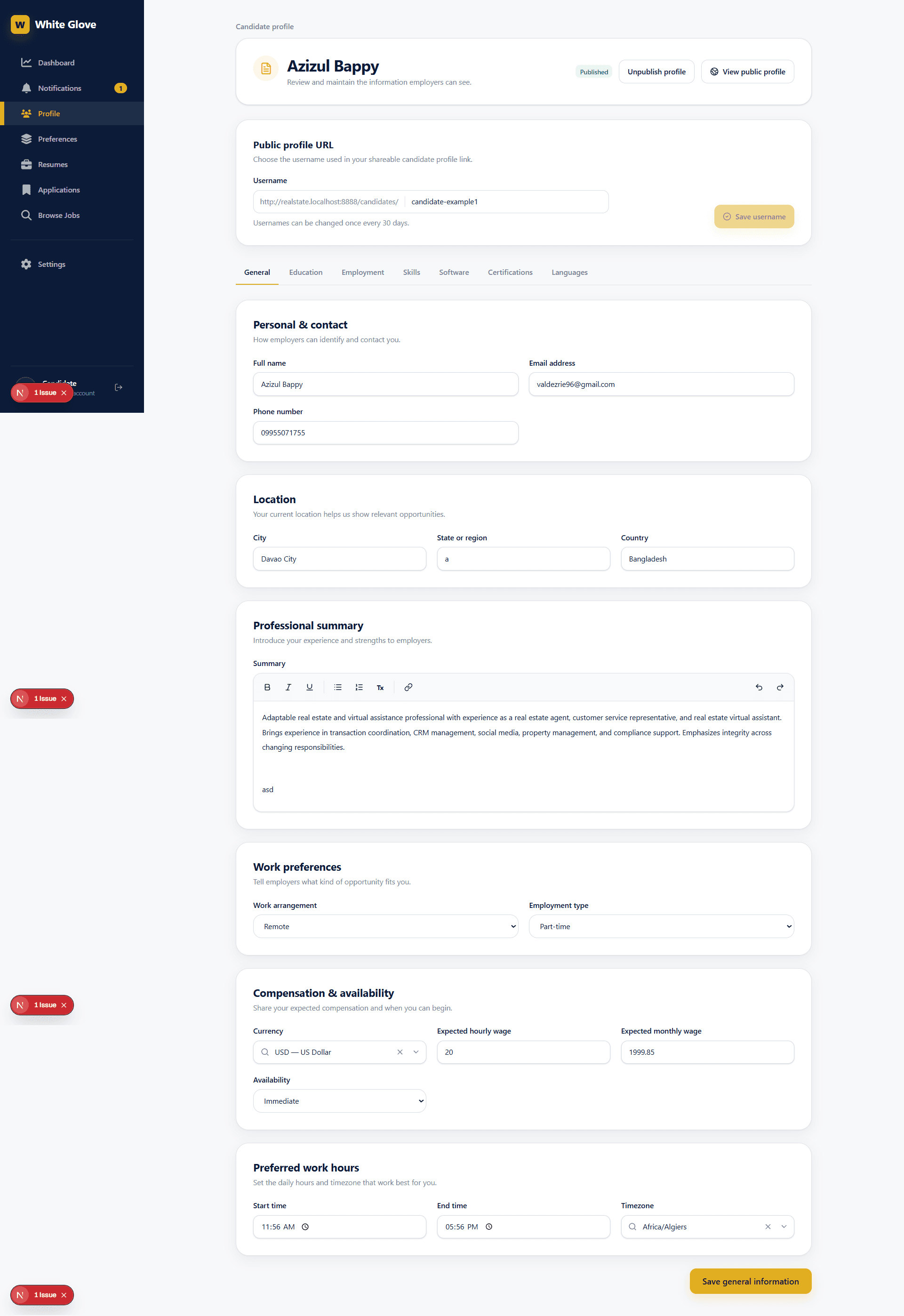 White Glove Hiring candidate edit profile