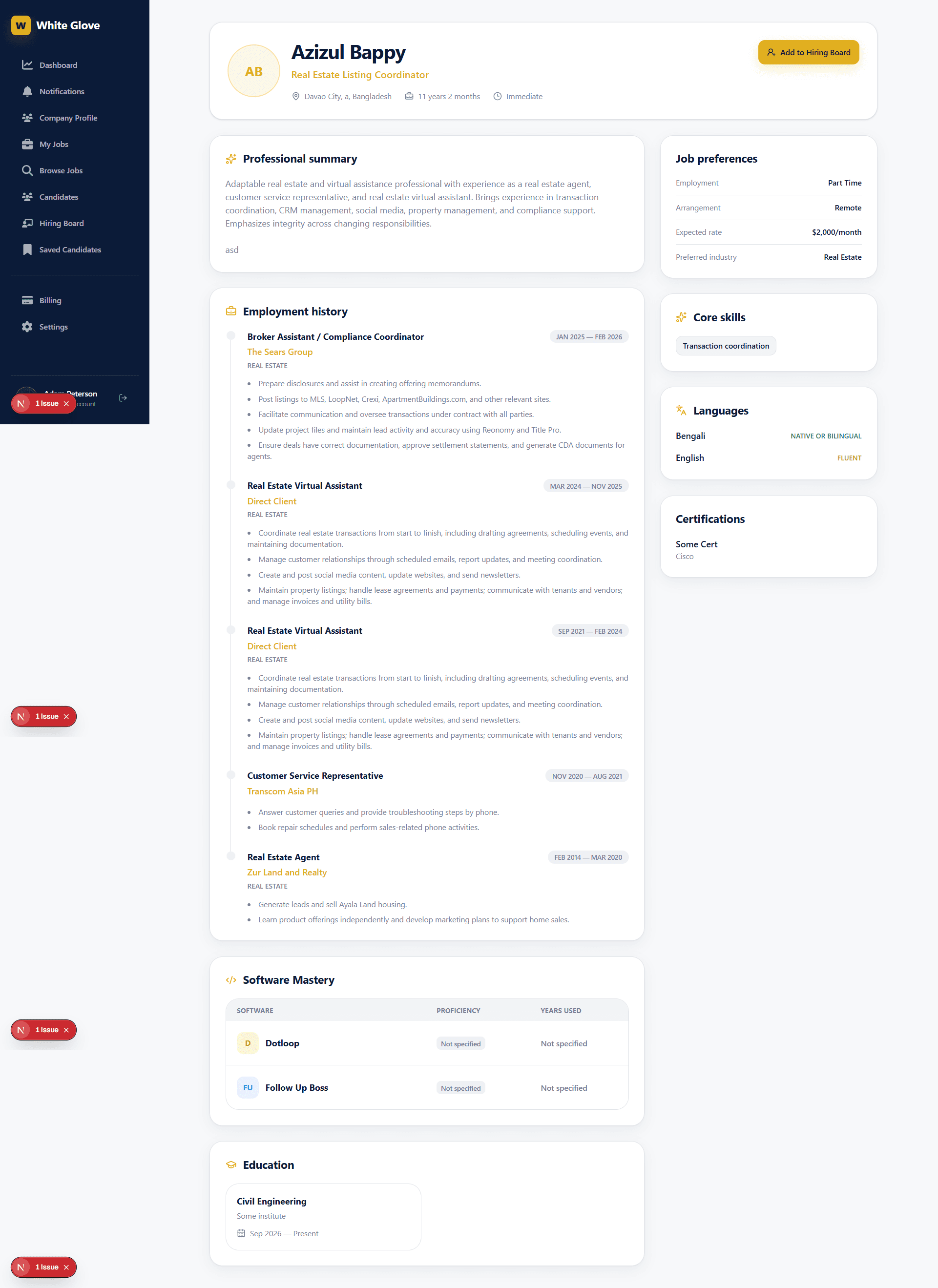 White Glove Hiring candidate profile