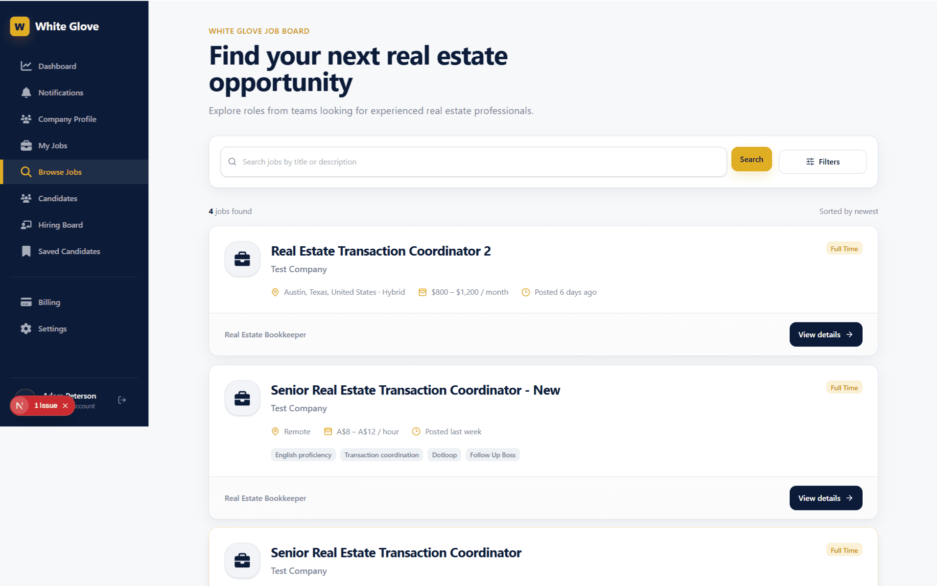 White Glove Hiring platform screenshot
